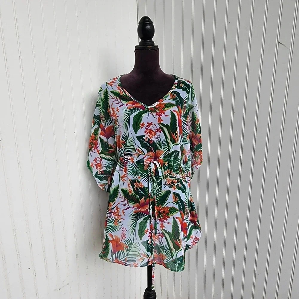 West Loop Green Orange Floral Leaf Drawstring Waist Beach Swim Cover Up Dress OS